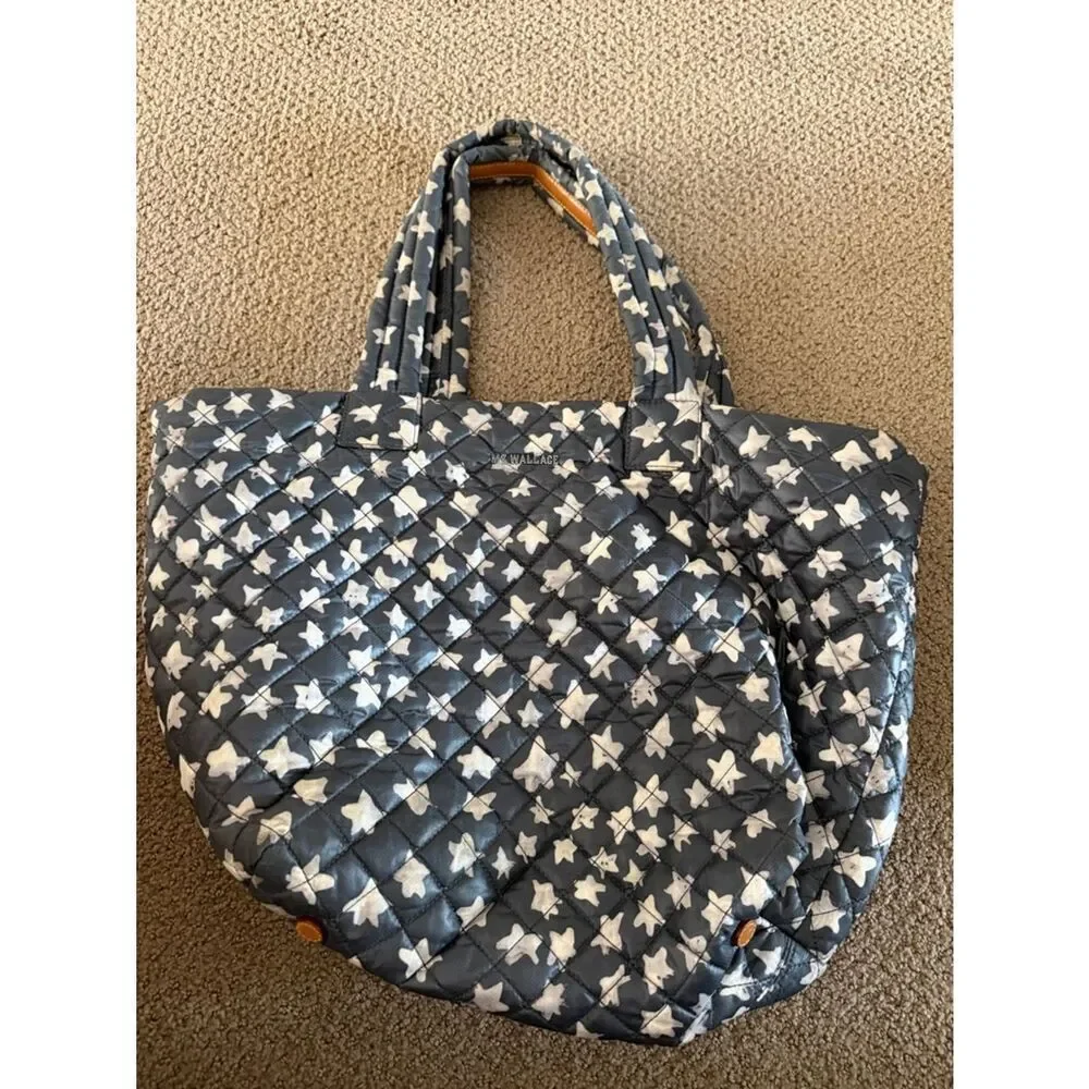 MZ Wallace Metro Tote Deluxe Medium Dark Grey White Stars Quilted Nylon Bag
